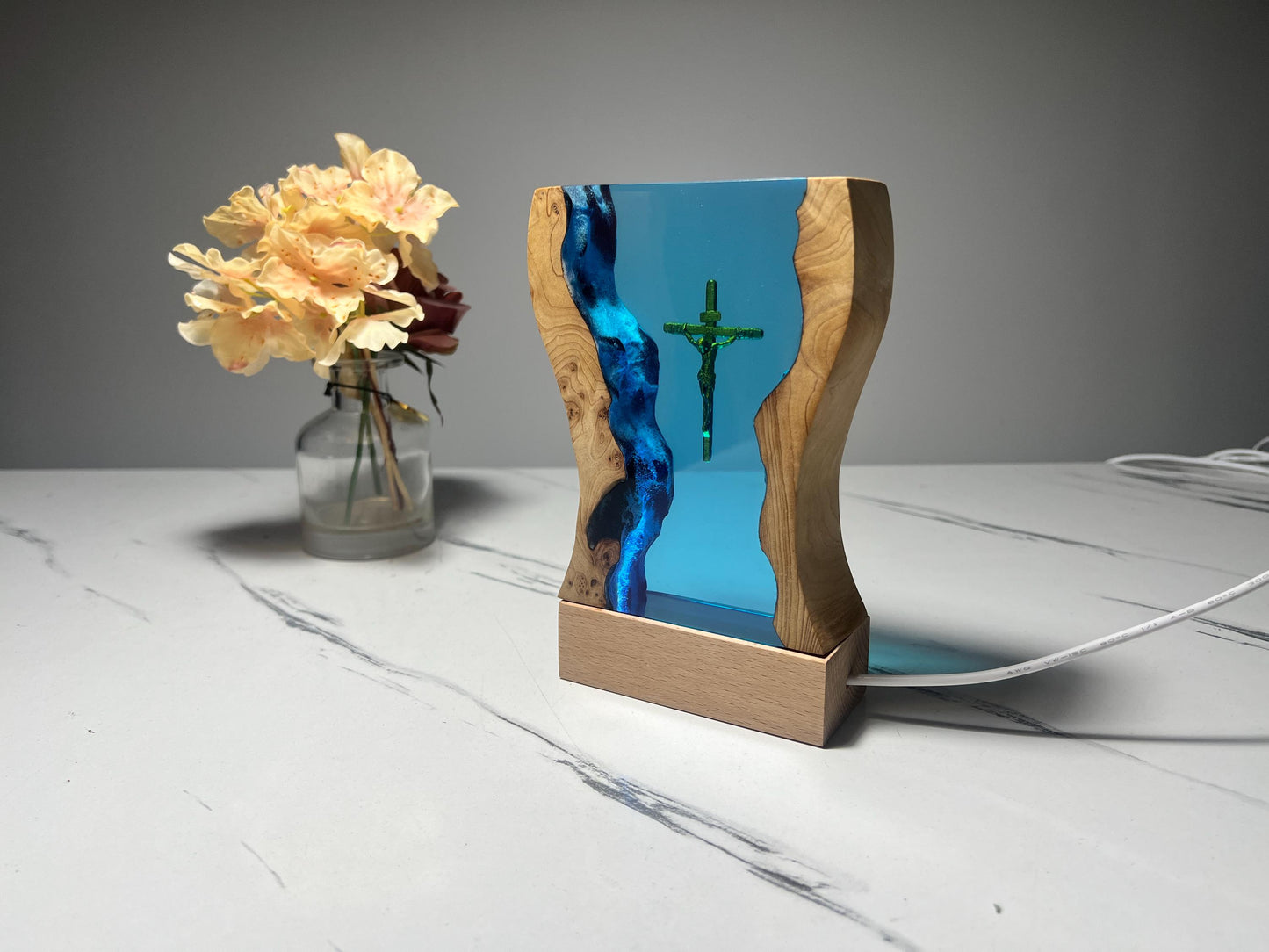 Handmade Jesus Cross Resin Wood Night Light, Birthday Gift, Perfect Gift for Husband, Resin Art, Father'S Day Gift for Him