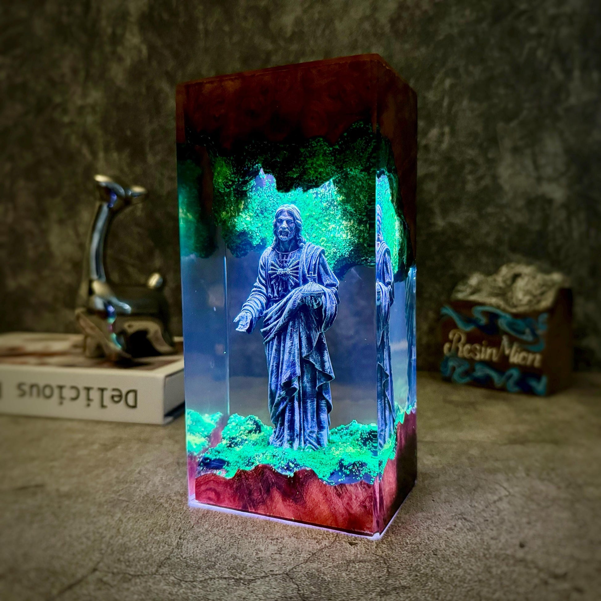 Jesus Resin Wood Lamp, Christian Art,Christian Bedside,Easter Gifts, Housewarming Gift, Religious Gifts, Fathers Day Gift, Gifts for Dad