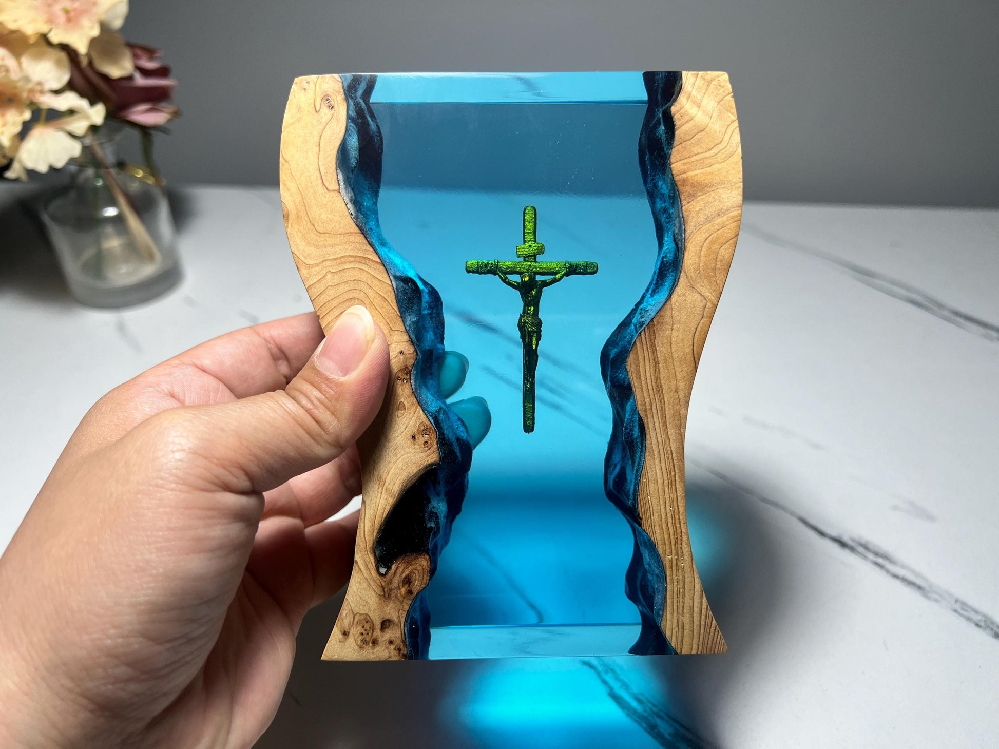 Handmade Jesus Cross Resin Wood Night Light, Birthday Gift, Perfect Gift for Husband, Resin Art, Father'S Day Gift for Him
